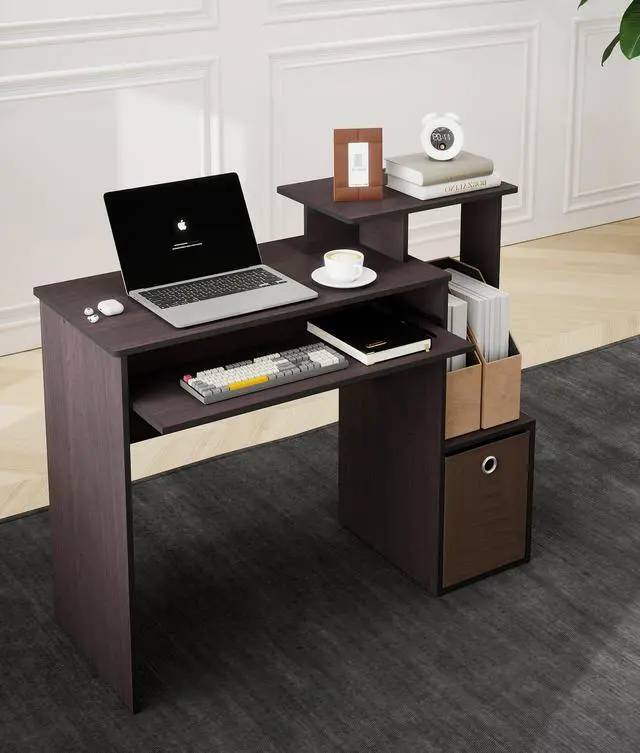 Alt view image 6 of 6 - Small Computer Desk with Drawers, Working Table with Keyboard Tray for Bedroom Home Workstation for Writing Working Studying