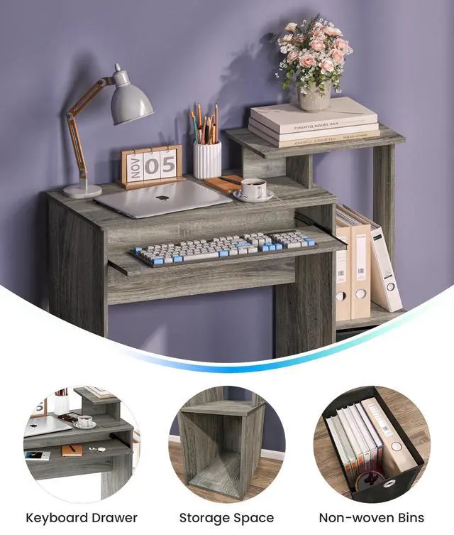 Alt view image 4 of 6 - Working Desk with Keyboard Drawer Small Study Desk for Bedroom Home Workstation for Writing Working Studying