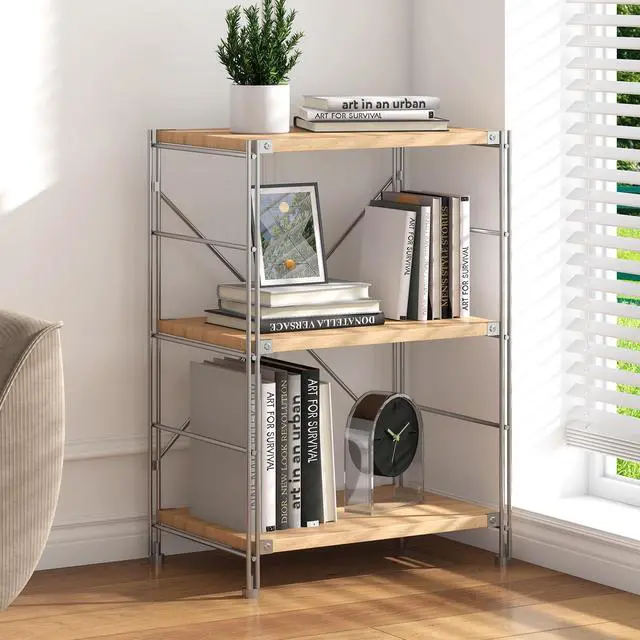 Main image of 3-Tier Bookshelf, 35.4 in Metal & Wood Shelf | carbon steel frame, MDF shelves, 55.12 lbs per shelf, adjustable feet, vintage wood look, for living room office