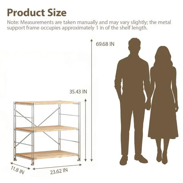 Alt view image 2 of 6 - 3-Tier Bookshelf, 35.4 in Metal & Wood Shelf | carbon steel frame, MDF shelves, 55.12 lbs per shelf, adjustable feet, vintage wood look, for living room office