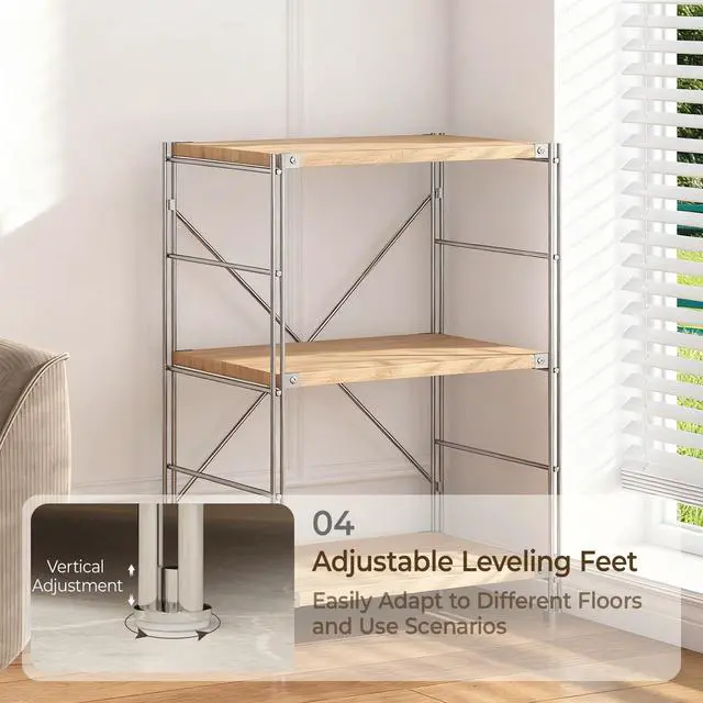 Alt view image 4 of 6 - 3-Tier Bookshelf, 35.4 in Metal & Wood Shelf | carbon steel frame, MDF shelves, 55.12 lbs per shelf, adjustable feet, vintage wood look, for living room office