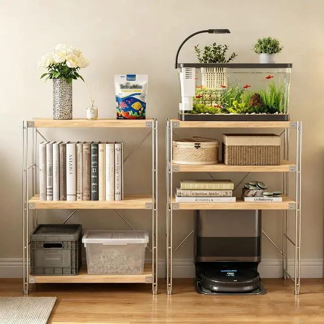 Alt view image 6 of 6 - 3-Tier Bookshelf, 35.4 in Metal & Wood Shelf | carbon steel frame, MDF shelves, 55.12 lbs per shelf, adjustable feet, vintage wood look, for living room office