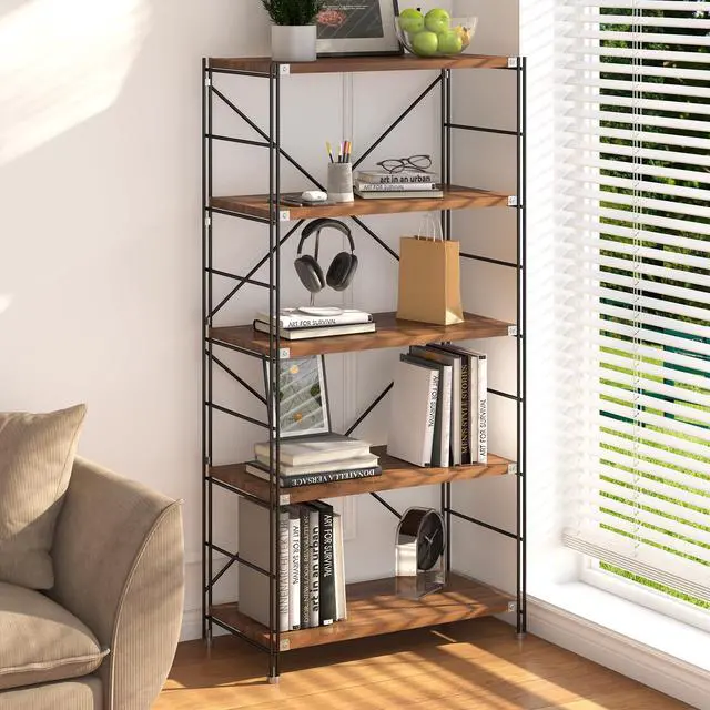 Main image of 5 Tier Industrial Bookshelf for Office H 68.9in, Metal and Wood Vintage Bookshelf, Book Shelf Storage and Organization, Industrial Shelving, for Home Living Room Bedroom Office Storage