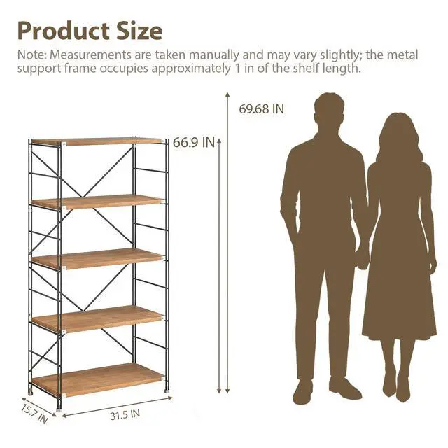 Alt view image 2 of 6 - 5 Tier Industrial Bookshelf for Office H 68.9in, Metal and Wood Vintage Bookshelf, Book Shelf Storage and Organization, Industrial Shelving, for Home Living Room Bedroom Office Storage