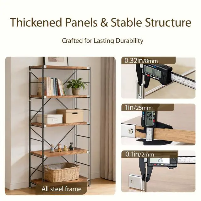 Alt view image 5 of 6 - 5 Tier Industrial Bookshelf for Office H 68.9in, Metal and Wood Vintage Bookshelf, Book Shelf Storage and Organization, Industrial Shelving, for Home Living Room Bedroom Office Storage