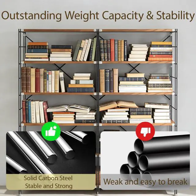 Alt view image 6 of 6 - 5 Tier Industrial Bookshelf for Office H 68.9in, Metal and Wood Vintage Bookshelf, Book Shelf Storage and Organization, Industrial Shelving, for Home Living Room Bedroom Office Storage