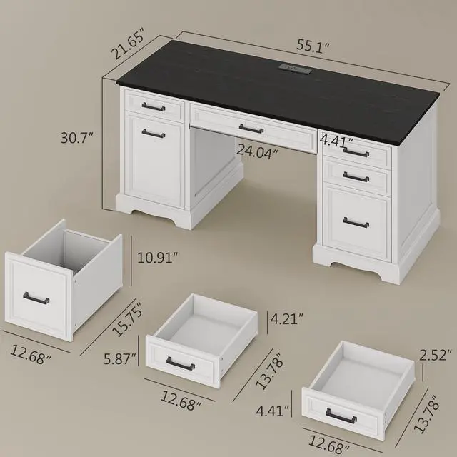 Alt view image 2 of 6 - White Farmhouse Executive Desk with Drawers and Charging Station, 55.1" Wood Home Office Desk with Storage Cabinet,Morden Solid Computer Writing Desk for Study Work Table for Home Office (White)