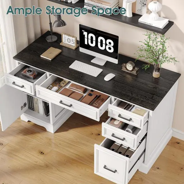 Alt view image 5 of 6 - White Farmhouse Executive Desk with Drawers and Charging Station, 55.1" Wood Home Office Desk with Storage Cabinet,Morden Solid Computer Writing Desk for Study Work Table for Home Office (White)