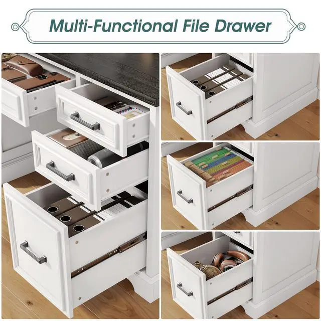 Alt view image 6 of 6 - White Farmhouse Executive Desk with Drawers and Charging Station, 55.1" Wood Home Office Desk with Storage Cabinet,Morden Solid Computer Writing Desk for Study Work Table for Home Office (White)