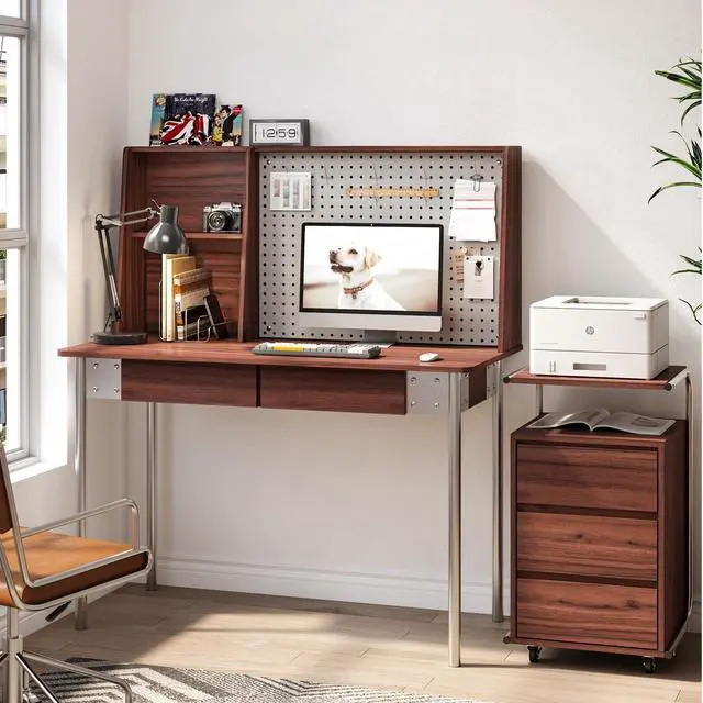 Main image of Computer Desk with Hutch & DIY Pegboard Board, 47 Inch Modern Home Office Study Writing Desk with Bookshelf & 2 Drawers, Workspace for Work and Study, Walnut