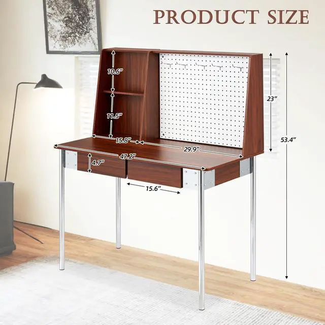 Alt view image 2 of 6 - Computer Desk with Hutch & DIY Pegboard Board, 47 Inch Modern Home Office Study Writing Desk with Bookshelf & 2 Drawers, Workspace for Work and Study, Walnut