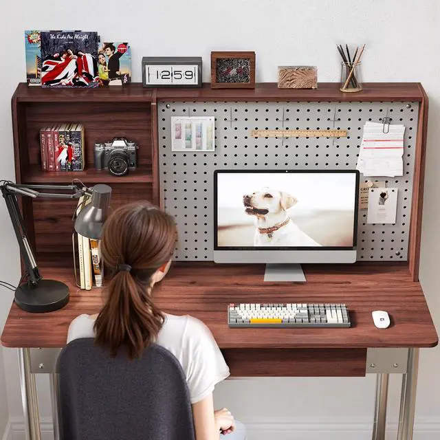 Alt view image 3 of 6 - Computer Desk with Hutch & DIY Pegboard Board, 47 Inch Modern Home Office Study Writing Desk with Bookshelf & 2 Drawers, Workspace for Work and Study, Walnut