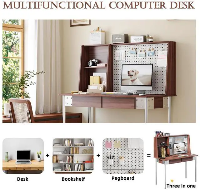 Alt view image 4 of 6 - Computer Desk with Hutch & DIY Pegboard Board, 47 Inch Modern Home Office Study Writing Desk with Bookshelf & 2 Drawers, Workspace for Work and Study, Walnut