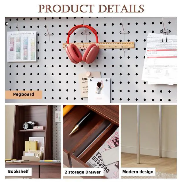 Alt view image 5 of 6 - Computer Desk with Hutch & DIY Pegboard Board, 47 Inch Modern Home Office Study Writing Desk with Bookshelf & 2 Drawers, Workspace for Work and Study, Walnut