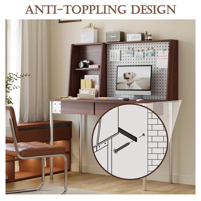 Alt view image 6 of 6 - Computer Desk with Hutch & DIY Pegboard Board, 47 Inch Modern Home Office Study Writing Desk with Bookshelf & 2 Drawers, Workspace for Work and Study, Walnut