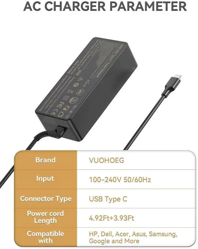 Alt view image 2 of 4 - 20 Pack Laptop Charger 65W watt USB Type C AC Adapter Replacement for Hp Chromebook 14 13 X360 Spectre x360 Elite x2 EliteBook; Lenovo Yoga,Dell, ASUS,Acer Type C Power Supply Adapter with Cord