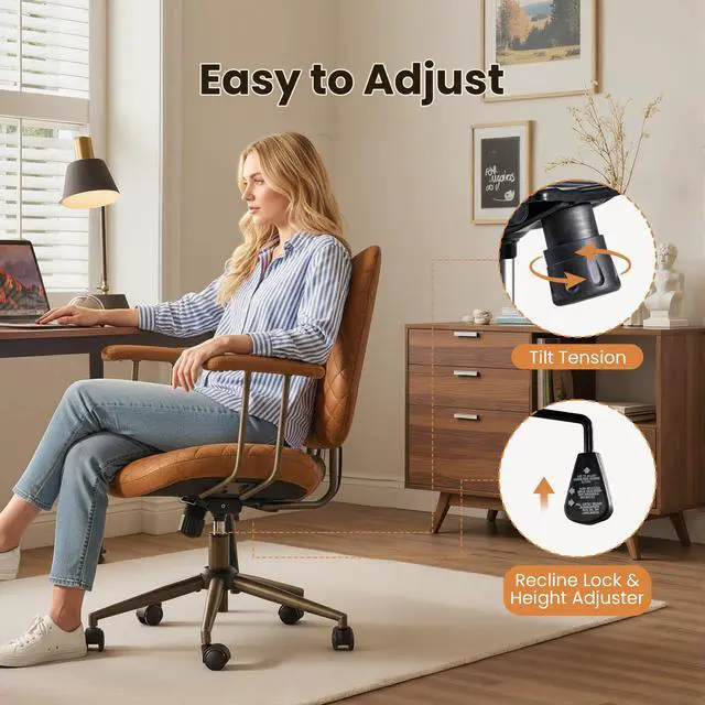 Alt view image 5 of 6 - Home Office Desk Chair, Modern Sleek Office Chair with Adjustable Lumbar Support, Adjustable Height Executive Task Chair with 360 Rolling Swivel for Meeting Study Room(Mid Back,Light Brown)