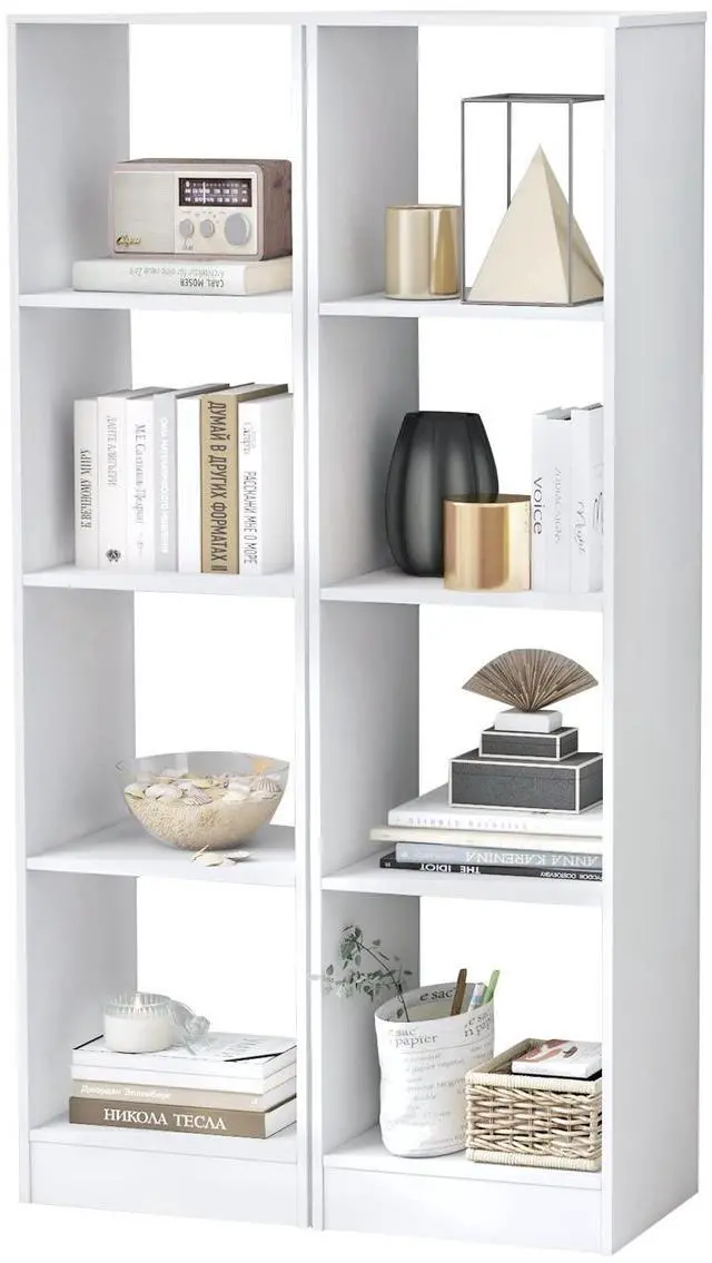Main image of 4 Cube Vertical Bookcase Set of 2, 56 Tall Narrow Freestanding Bookshelf with Anti-toppling Fittings, 5-Tier Cube Storage Organizer Display Shelf for Living Room, Study or Bedroom (2, White)