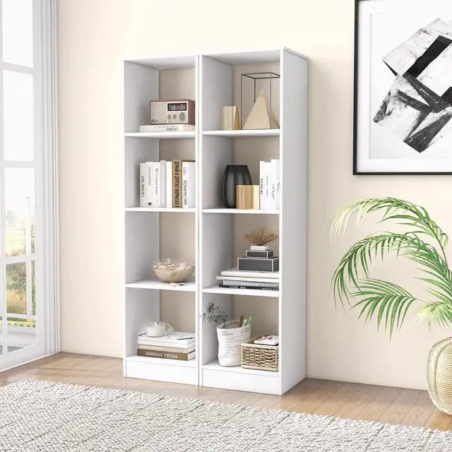 Alt view image 2 of 6 - 4 Cube Vertical Bookcase Set of 2, 56 Tall Narrow Freestanding Bookshelf with Anti-toppling Fittings, 5-Tier Cube Storage Organizer Display Shelf for Living Room, Study or Bedroom (2, White)