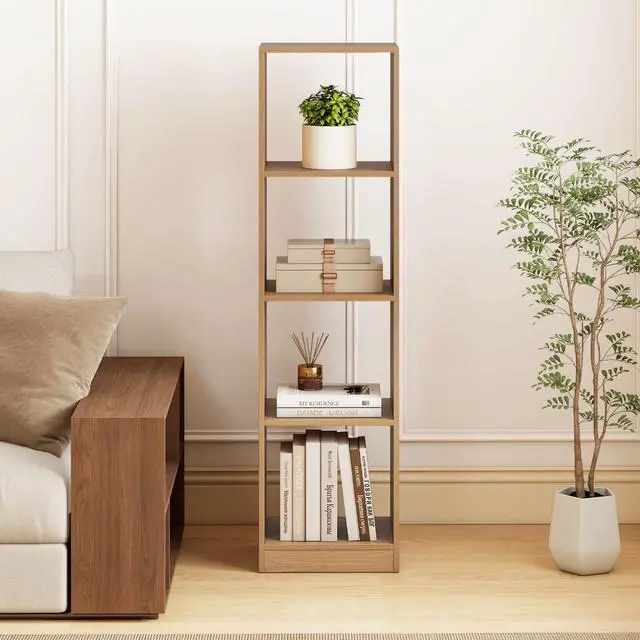 Alt view image 2 of 6 - 4 Cube Vertical Bookcase Set of 2, 56 Tall Narrow Freestanding Bookshelf with Anti-toppling Fittings, 5-Tier Cube Storage Organizer Display Shelf for Living Room, Study or Bedroom (2, Natural)