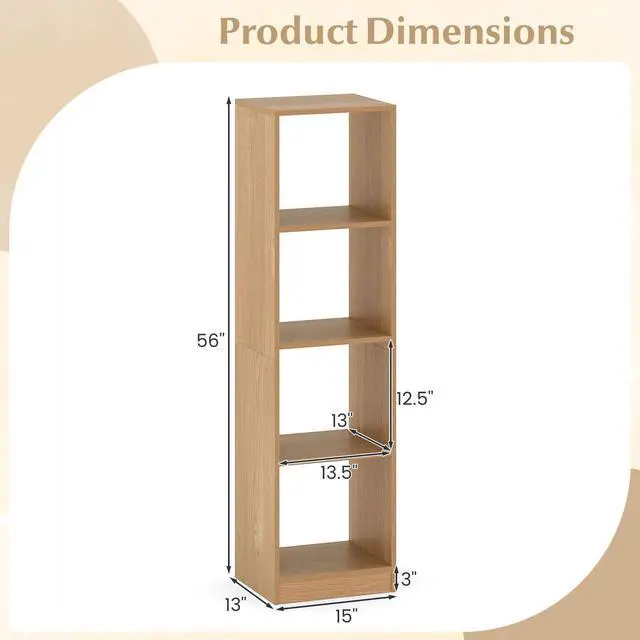 Alt view image 3 of 6 - 4 Cube Vertical Bookcase Set of 2, 56 Tall Narrow Freestanding Bookshelf with Anti-toppling Fittings, 5-Tier Cube Storage Organizer Display Shelf for Living Room, Study or Bedroom (2, Natural)