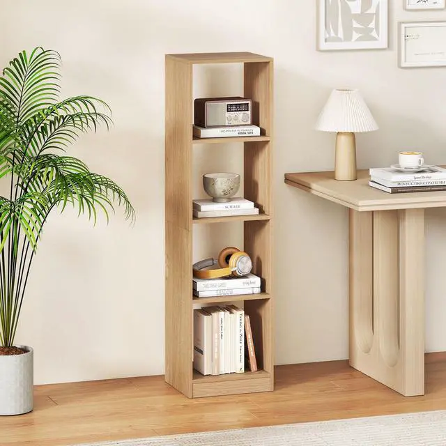 Alt view image 4 of 6 - 4 Cube Vertical Bookcase Set of 2, 56 Tall Narrow Freestanding Bookshelf with Anti-toppling Fittings, 5-Tier Cube Storage Organizer Display Shelf for Living Room, Study or Bedroom (2, Natural)