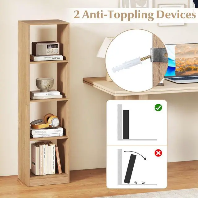 Alt view image 6 of 6 - 4 Cube Vertical Bookcase Set of 2, 56 Tall Narrow Freestanding Bookshelf with Anti-toppling Fittings, 5-Tier Cube Storage Organizer Display Shelf for Living Room, Study or Bedroom (2, Natural)