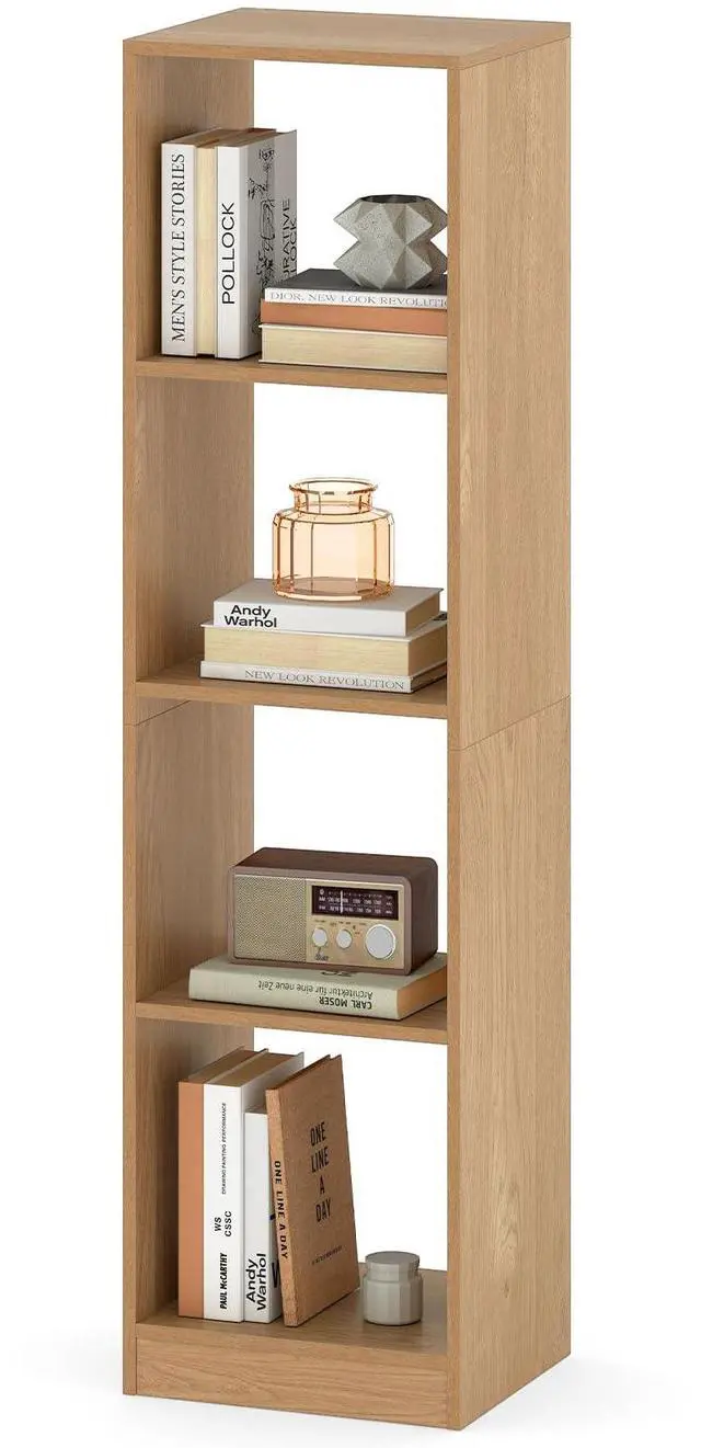 Main image of 4 Cube Vertical Bookcase, 56 Tall Narrow Freestanding Bookshelf with Anti-toppling Fittings, 5-Tier Cube Storage Organizer Display Shelf for Living Room, Study or Bedroom (1, Natural)