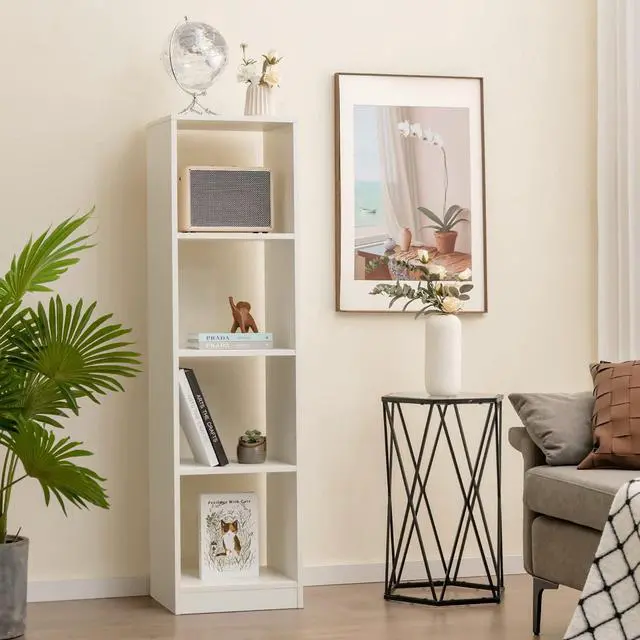 Alt view image 2 of 6 - 4 Cube Vertical Bookcase, 56 Tall Narrow Freestanding Bookshelf with Anti-toppling Fittings, 5-Tier Cube Storage Organizer Display Shelf for Living Room, Study or Bedroom (1, White)
