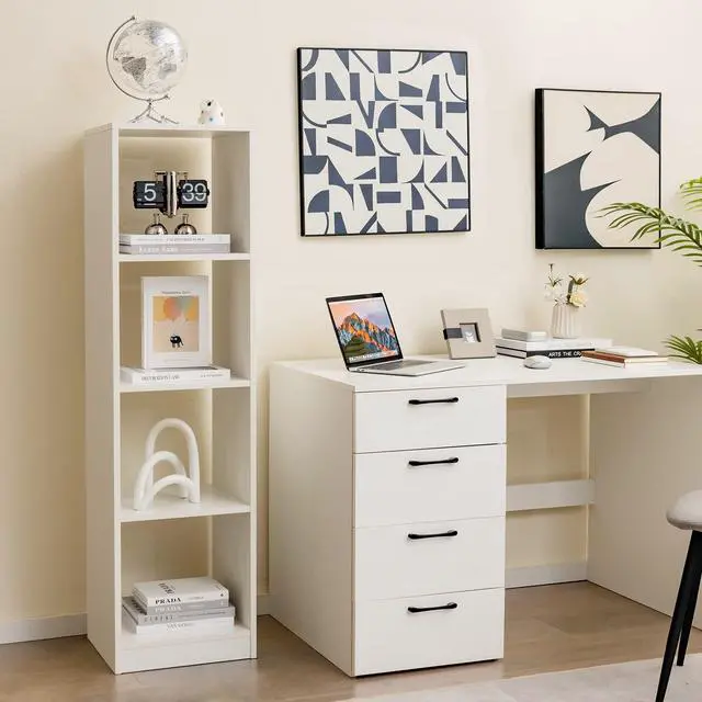 Alt view image 4 of 6 - 4 Cube Vertical Bookcase, 56 Tall Narrow Freestanding Bookshelf with Anti-toppling Fittings, 5-Tier Cube Storage Organizer Display Shelf for Living Room, Study or Bedroom (1, White)