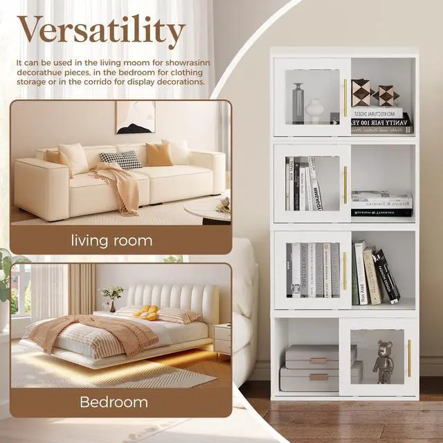 Alt view image 5 of 6 - Cube Storage Organizer with Sliding Door, White Stackable Bookshelf, Modular Cubby Storage System, Wooden Display Shelf for Small Space, Closet, Living Room, Bedroom, Apartment, Dorm