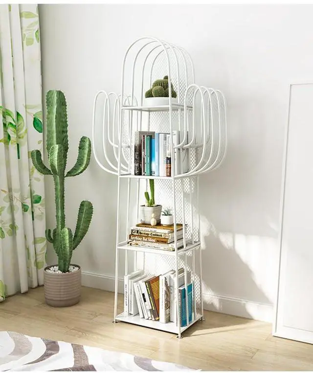 Main image of 4-Tier Freestanding Ladder Bookshelf, Iron Cactus Bookcase Storage Organizer, Ladder Corner Bookcase for Living Room, Bedroom (White)