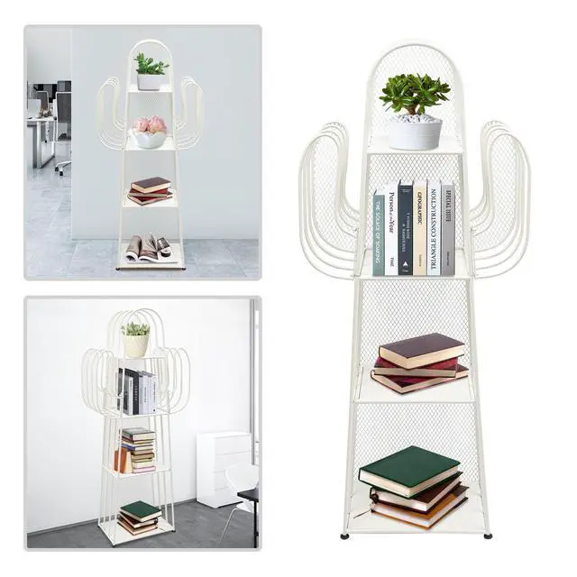 Alt view image 3 of 6 - 4-Tier Freestanding Ladder Bookshelf, Iron Cactus Bookcase Storage Organizer, Ladder Corner Bookcase for Living Room, Bedroom (White)