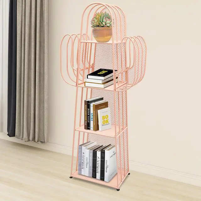 Alt view image 3 of 6 - 4-Tier Freestanding Ladder Bookshelf, Iron Cactus Bookcase Storage Organizer, Ladder Corner Bookcase for Living Room, Bedroom (Pink)