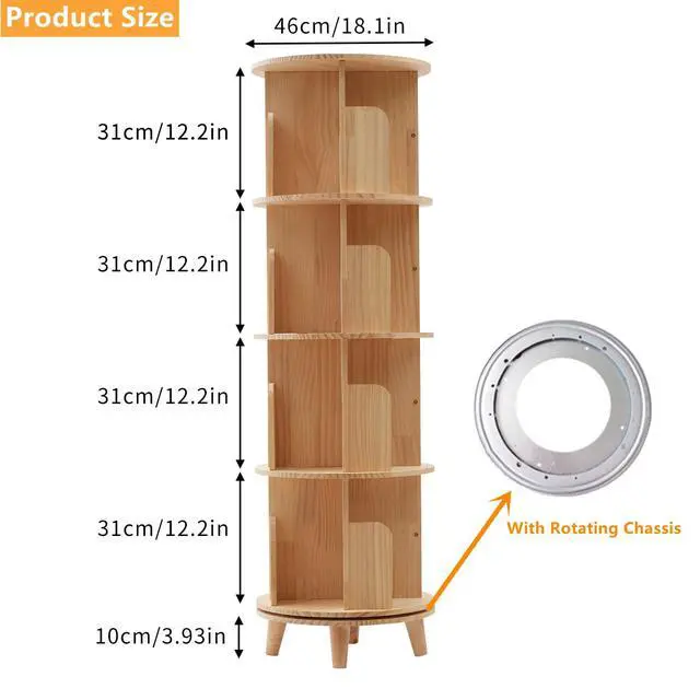 Alt view image 2 of 6 - 4 Tier Wooden Rotating Bookshelf 360 Display Floor FreeStanding Bookcase Book Storage Rotating Rack Multi-Functional Bookshelf Organizer for Adults Study Room Living Room