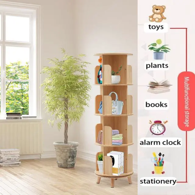 Alt view image 3 of 6 - 4 Tier Wooden Rotating Bookshelf 360 Display Floor FreeStanding Bookcase Book Storage Rotating Rack Multi-Functional Bookshelf Organizer for Adults Study Room Living Room