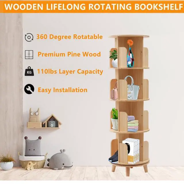 Alt view image 4 of 6 - 4 Tier Wooden Rotating Bookshelf 360 Display Floor FreeStanding Bookcase Book Storage Rotating Rack Multi-Functional Bookshelf Organizer for Adults Study Room Living Room