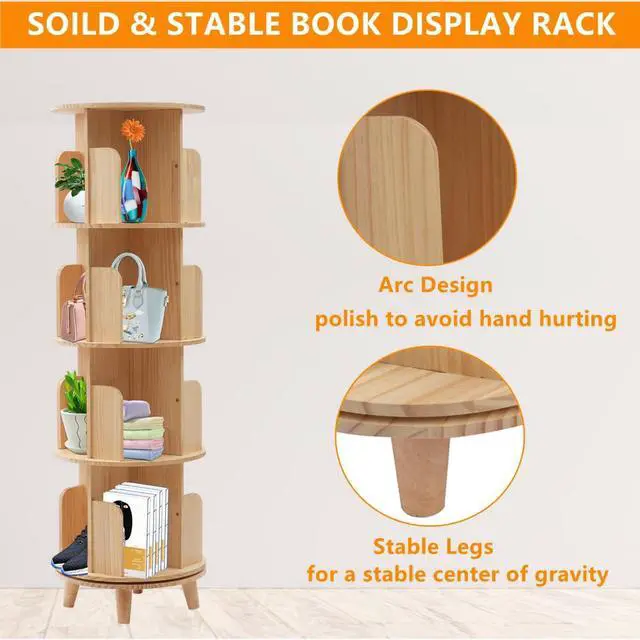 Alt view image 5 of 6 - 4 Tier Wooden Rotating Bookshelf 360 Display Floor FreeStanding Bookcase Book Storage Rotating Rack Multi-Functional Bookshelf Organizer for Adults Study Room Living Room