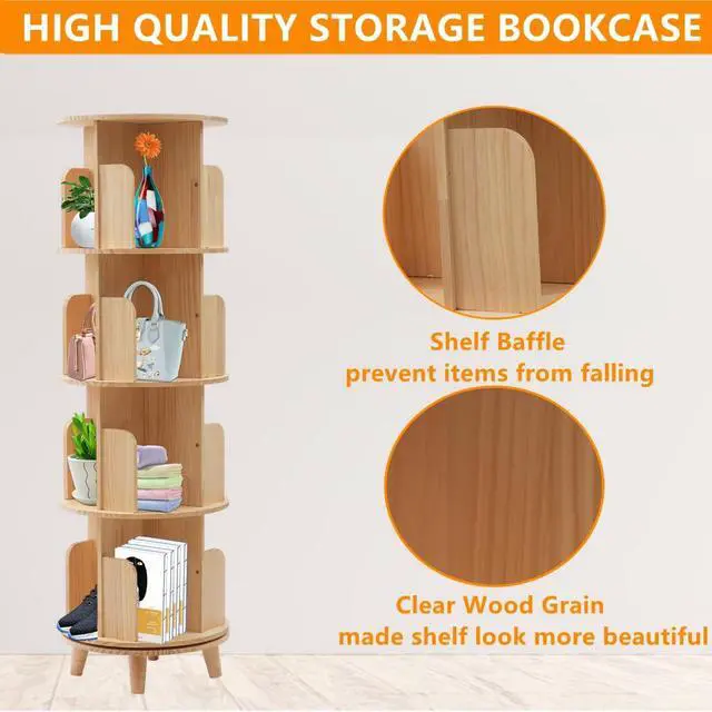 Alt view image 6 of 6 - 4 Tier Wooden Rotating Bookshelf 360 Display Floor FreeStanding Bookcase Book Storage Rotating Rack Multi-Functional Bookshelf Organizer for Adults Study Room Living Room
