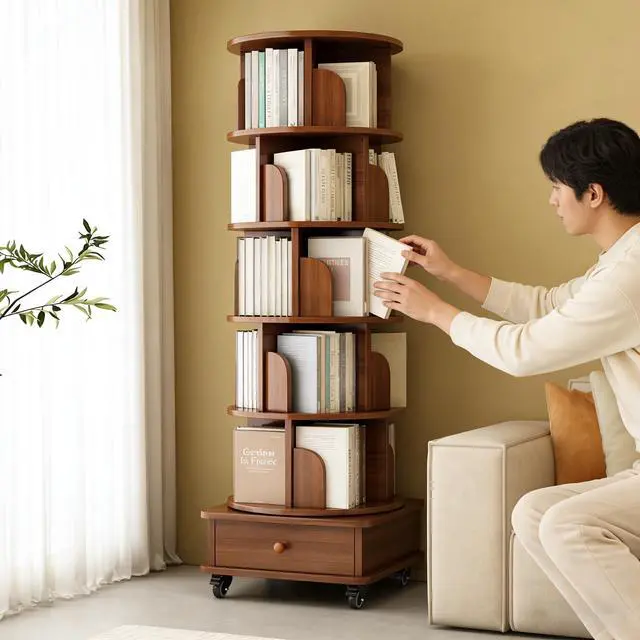 Main image of 6 Tier Solid Wood Rotating Bookshelf with Wheels, 360°Spinning Book Shelf Tower with Storage Cabinet,Round Revolving Bookcase Organizer, Rolling Bookshelves for Small Spaces, Corner, Bedroom