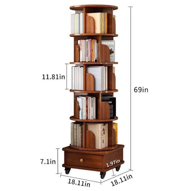 Alt view image 2 of 6 - 6 Tier Solid Wood Rotating Bookshelf with Wheels, 360°Spinning Book Shelf Tower with Storage Cabinet,Round Revolving Bookcase Organizer, Rolling Bookshelves for Small Spaces, Corner, Bedroom