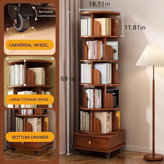 Alt view image 3 of 6 - 6 Tier Solid Wood Rotating Bookshelf with Wheels, 360°Spinning Book Shelf Tower with Storage Cabinet,Round Revolving Bookcase Organizer, Rolling Bookshelves for Small Spaces, Corner, Bedroom