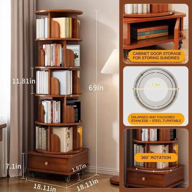 Alt view image 4 of 6 - 6 Tier Solid Wood Rotating Bookshelf with Wheels, 360°Spinning Book Shelf Tower with Storage Cabinet,Round Revolving Bookcase Organizer, Rolling Bookshelves for Small Spaces, Corner, Bedroom