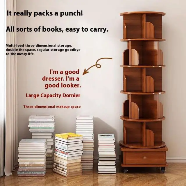 Alt view image 5 of 6 - 6 Tier Solid Wood Rotating Bookshelf with Wheels, 360°Spinning Book Shelf Tower with Storage Cabinet,Round Revolving Bookcase Organizer, Rolling Bookshelves for Small Spaces, Corner, Bedroom