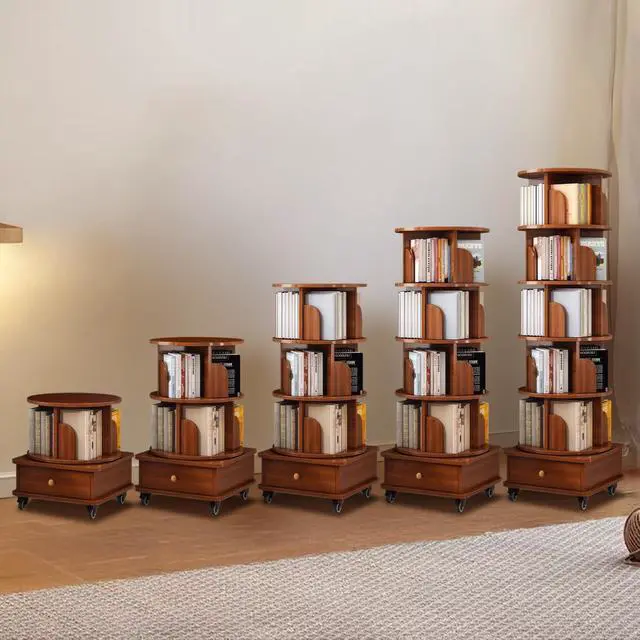 Alt view image 6 of 6 - 6 Tier Solid Wood Rotating Bookshelf with Wheels, 360°Spinning Book Shelf Tower with Storage Cabinet,Round Revolving Bookcase Organizer, Rolling Bookshelves for Small Spaces, Corner, Bedroom