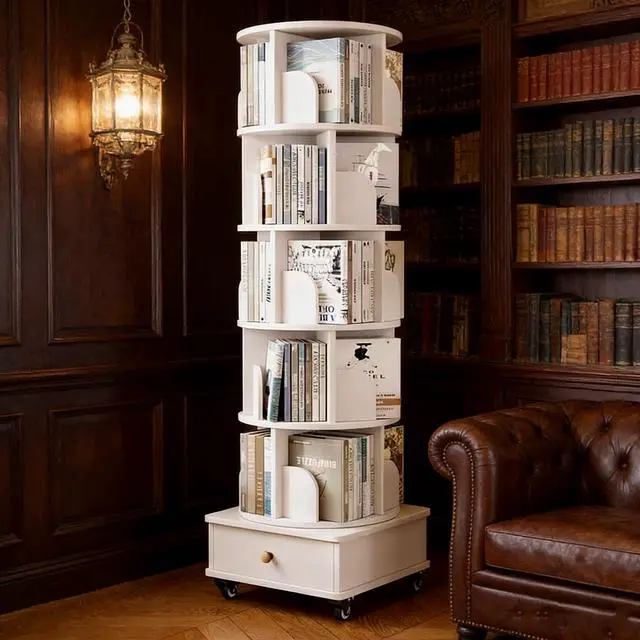 Main image of 6 Tier Solid Wood Rotating Bookshelf with Wheels, 360°Spinning Book Shelf Tower with Storage Cabinet,Round Revolving Bookcase Organizer, Rolling Bookshelves for Small Spaces, Corner, Bedroom