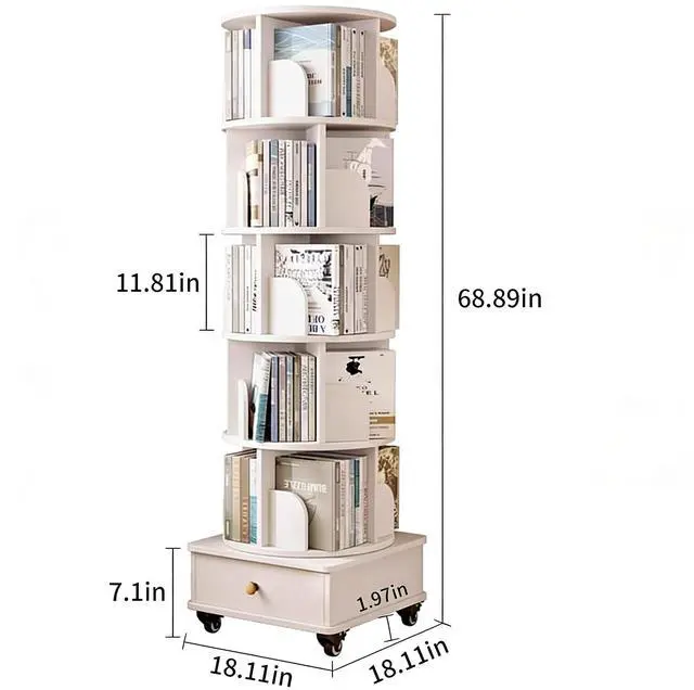 Alt view image 2 of 6 - 6 Tier Solid Wood Rotating Bookshelf with Wheels, 360°Spinning Book Shelf Tower with Storage Cabinet,Round Revolving Bookcase Organizer, Rolling Bookshelves for Small Spaces, Corner, Bedroom