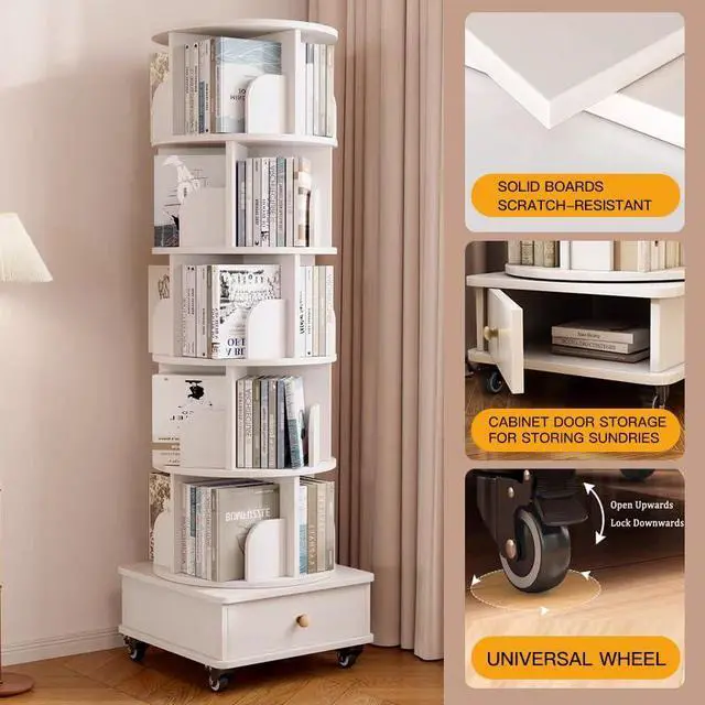 Alt view image 3 of 6 - 6 Tier Solid Wood Rotating Bookshelf with Wheels, 360°Spinning Book Shelf Tower with Storage Cabinet,Round Revolving Bookcase Organizer, Rolling Bookshelves for Small Spaces, Corner, Bedroom
