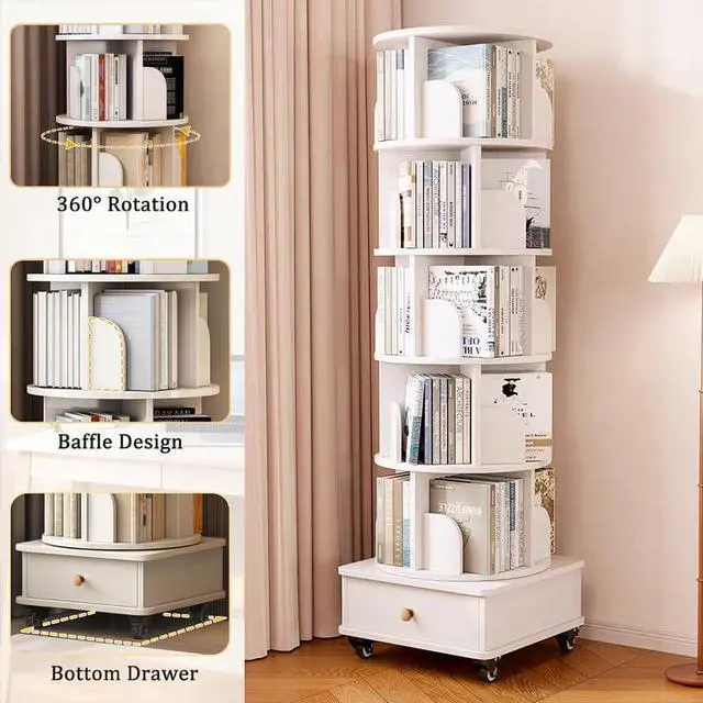 Alt view image 4 of 6 - 6 Tier Solid Wood Rotating Bookshelf with Wheels, 360°Spinning Book Shelf Tower with Storage Cabinet,Round Revolving Bookcase Organizer, Rolling Bookshelves for Small Spaces, Corner, Bedroom