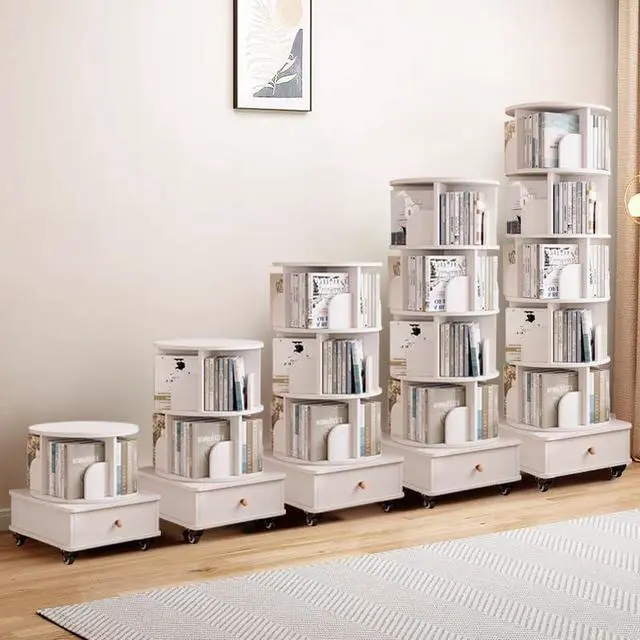 Alt view image 5 of 6 - 6 Tier Solid Wood Rotating Bookshelf with Wheels, 360°Spinning Book Shelf Tower with Storage Cabinet,Round Revolving Bookcase Organizer, Rolling Bookshelves for Small Spaces, Corner, Bedroom
